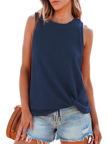cupshe women tops sleeveless ribbed twist tank top crew neck shirt casual summer dark blue l