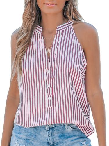 cupshe women tops sleeveless striped v neck tank top button front tee shirt casual red m