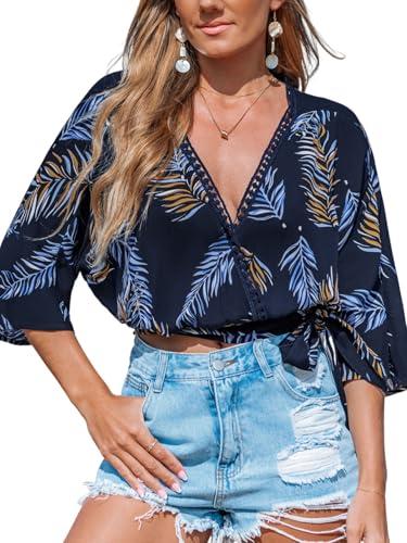 cupshe womens beach cover up tops tropical print short sleeve swim coverup tie waist summer blouses blue leaf, m