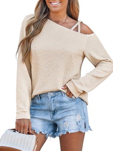 cupshe womens long sleeves knit asymmetrical blouse one shoulder casual blouse tee top shirts white m