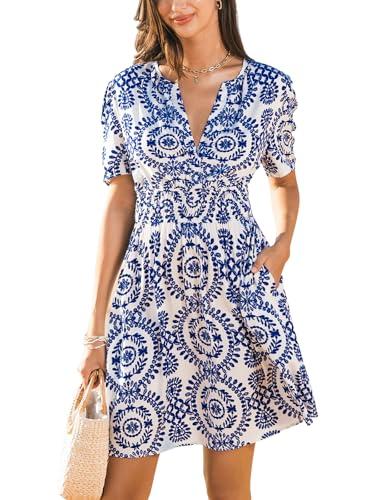 cupshe womens summer dresses 2025 v neck short sleeve flowy a-line beach vacation dress with pockets blue m
