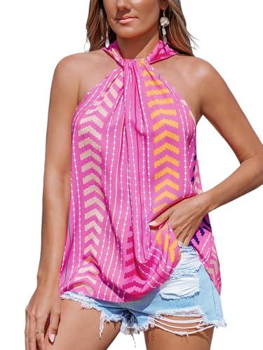 cupshe womens summer halter tops sleeveless floral tropical vacation beach cover-up top shirt blouse pink s