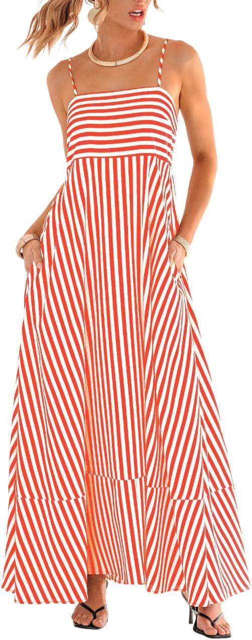 cupshe womens summer maxi dress casual sleeveless square neck striped beach long dress with pockets