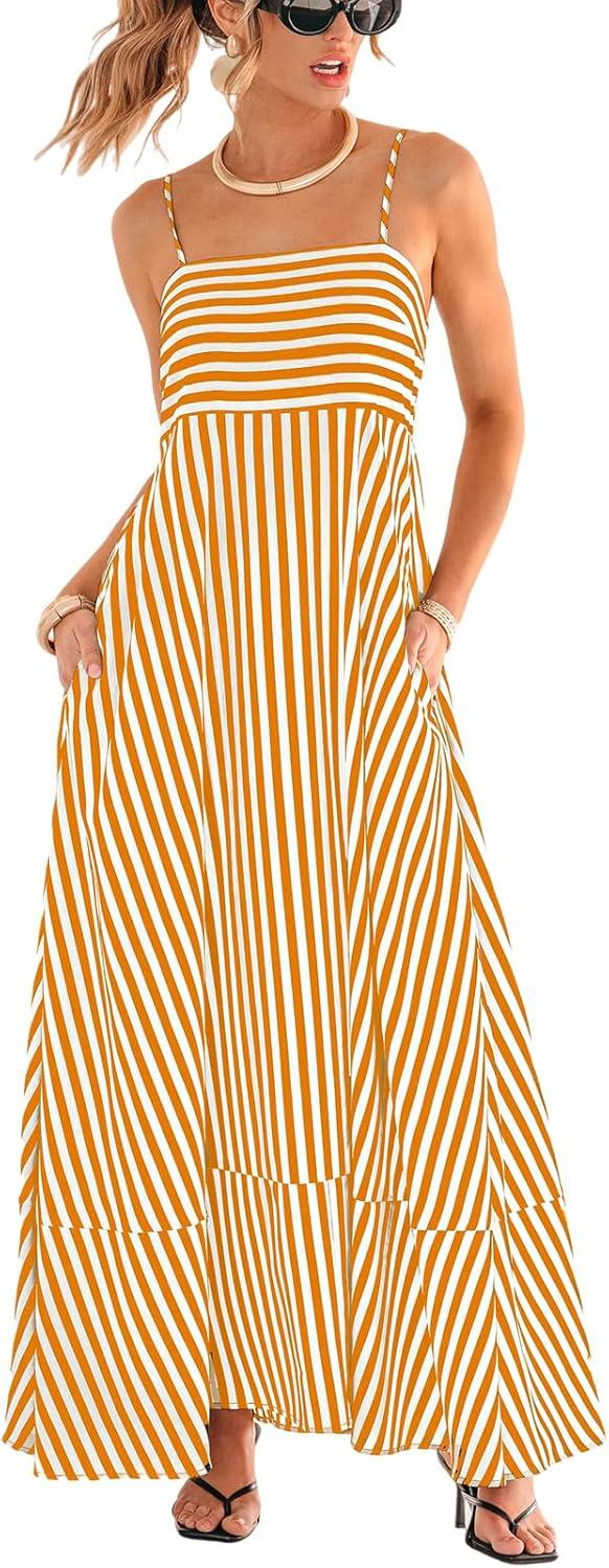 cupshe womens summer maxi dress casual sleeveless square neck striped beach long dress with pockets