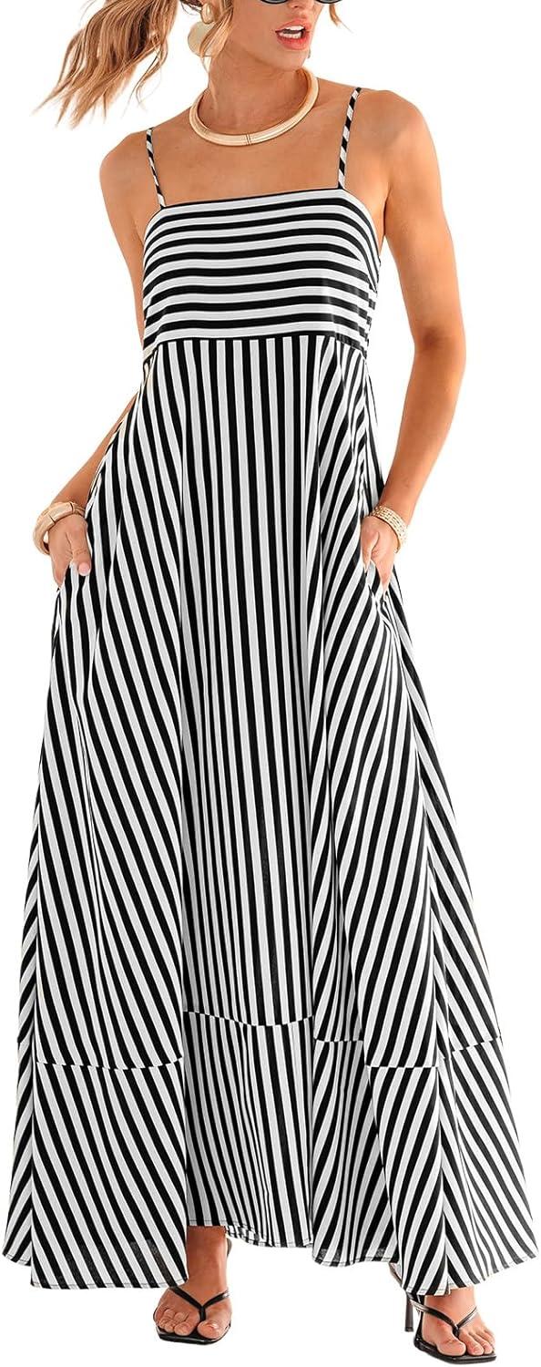 cupshe womens summer maxi dress casual sleeveless square neck striped beach long dress with pockets