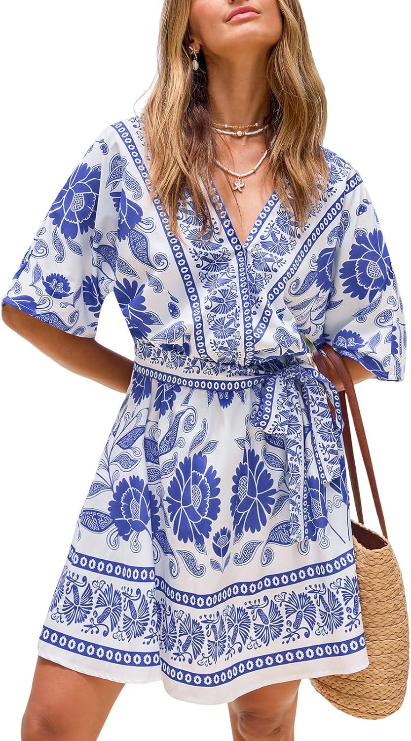 cupshe womens summer mini dresses short sleeve boho floral beach vacation sundress v neck tie waist casual a line dress