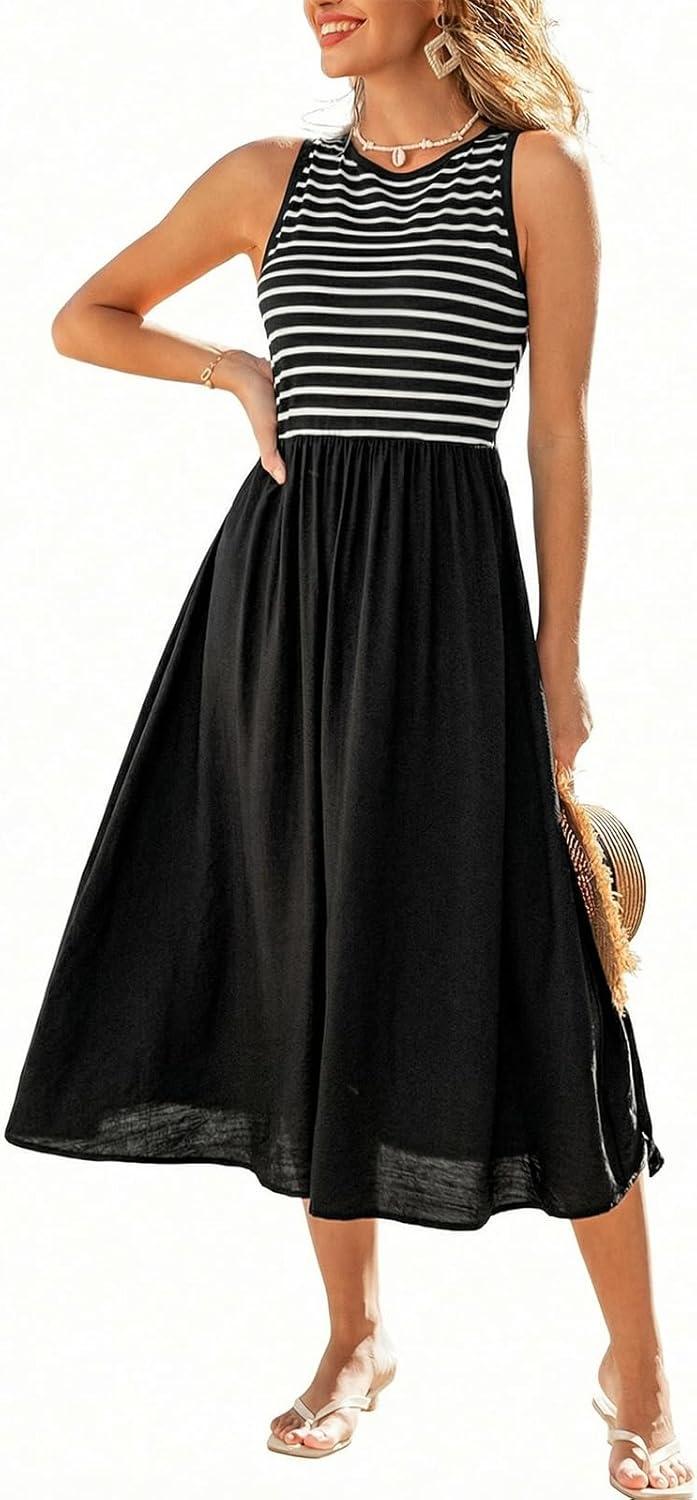 cupshe womens summer sleeveless midi tank dress casual striped flowy a line long sundress for beach vacation