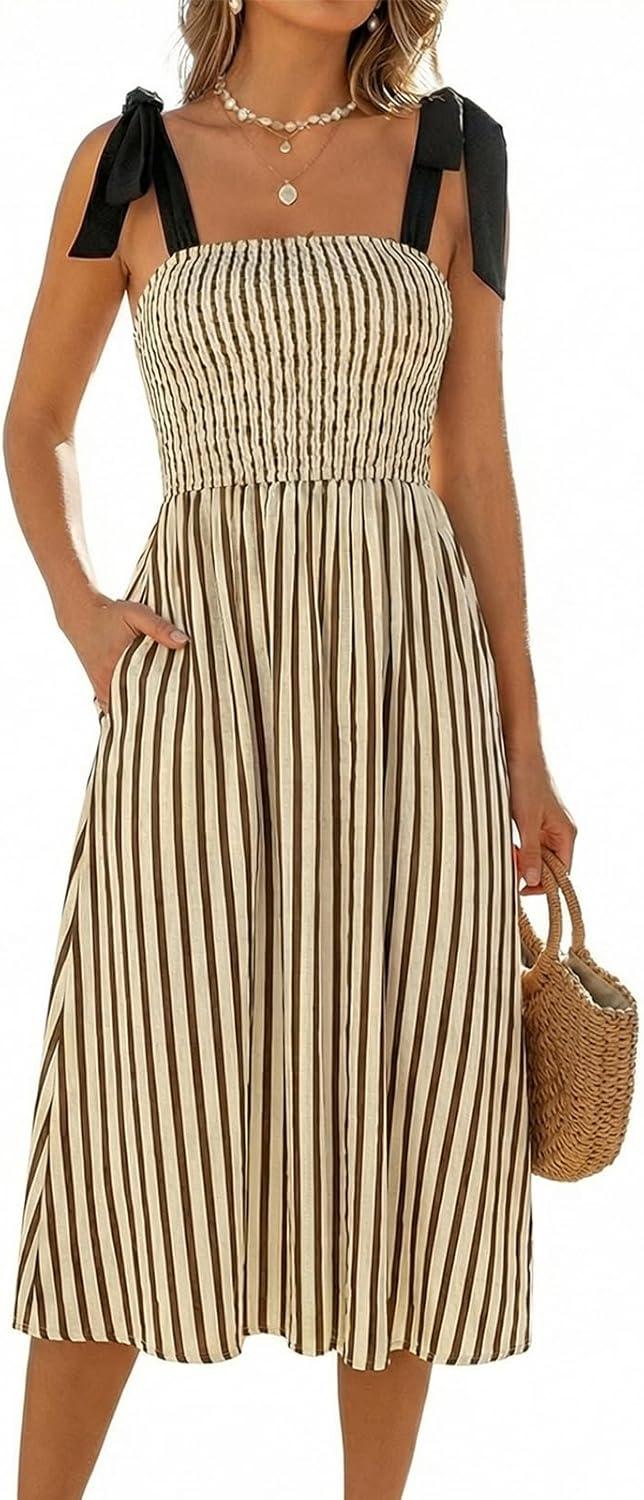 cupshe womens summer smocked midi dress striped sleeveless tie shoulder cami dress beach flowy long sundress
