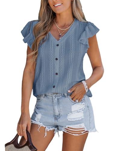 cupshe womens summer tops eyelet embroidered flutter sleeves button fron top blouse 2025 fashion blue l
