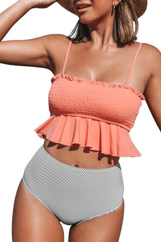 cupshe womens swimwear bikini swimsuit smocked top floral print bottom two piece bathing suit, medium peach