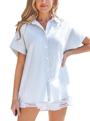 cupshe womens top collared neck shirt short sleeves button front striped blouse relaxed casual s blue