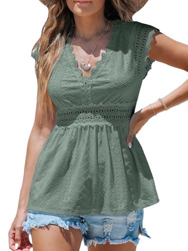 cupshe womens top woven v neck long puff sleeves smocked cuffs blouse casual loose green m