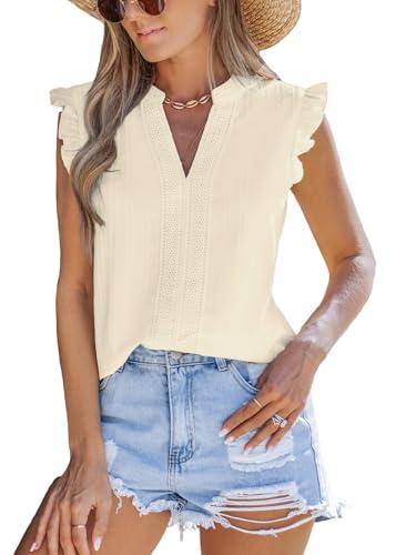 cupshe womens top woven v neck sleeveless smocked cuffs blouse casual loose beige s