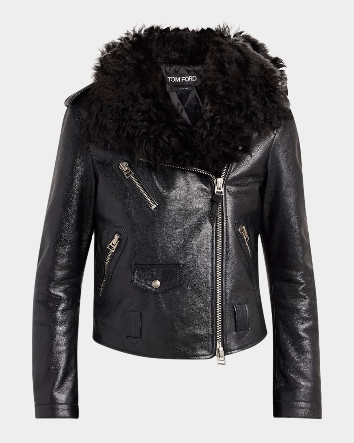 curly sheep shearling collar leather biker jacket