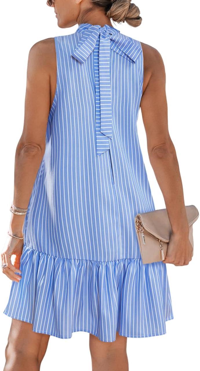 cushe women's summer halter bow tie back striped cutout sleeveless ruffle hem beach vacation flowy mini dress