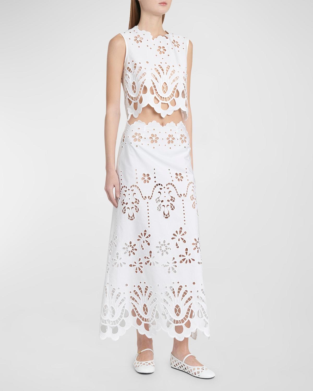 cutout embroidered cotton poplin maxi skirt