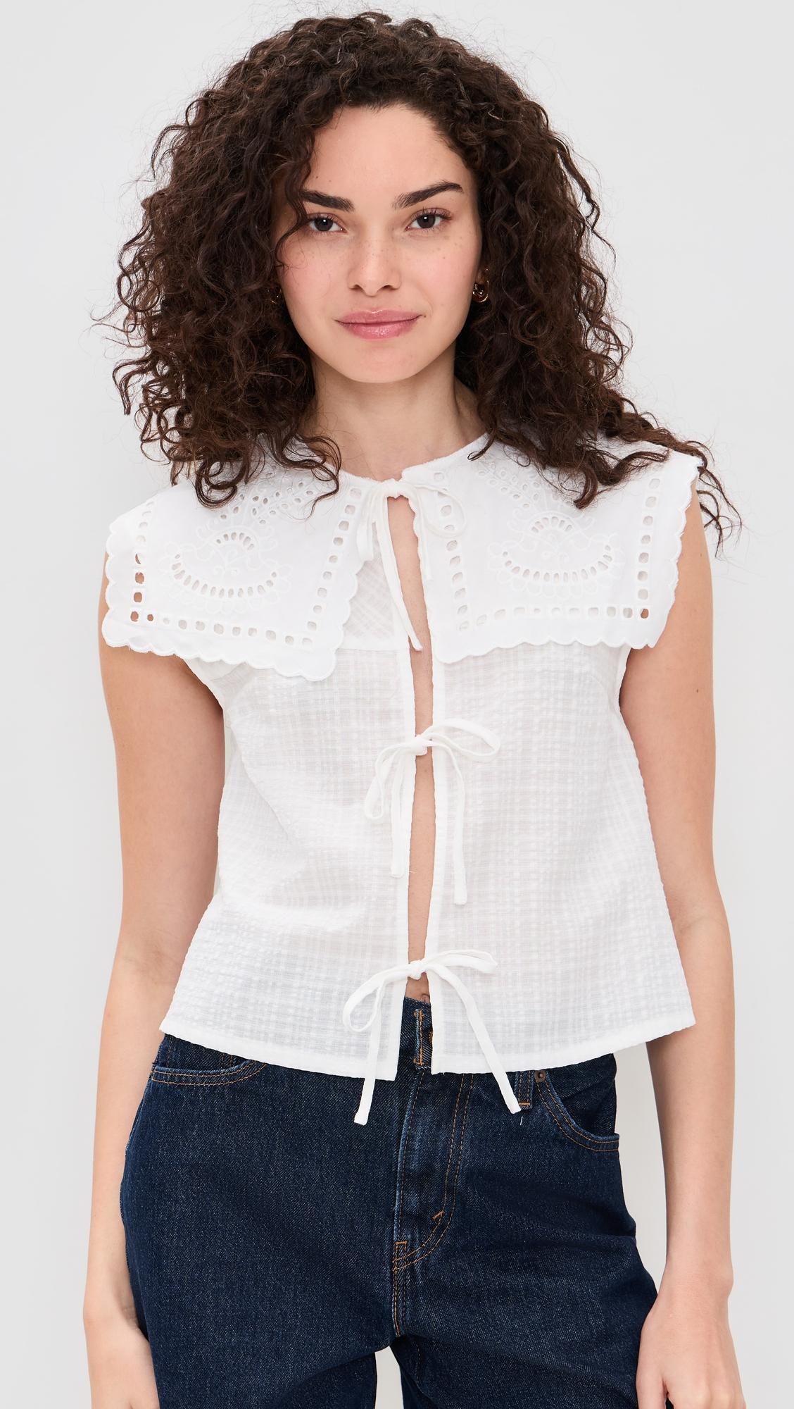cutwork collar tie front blouse