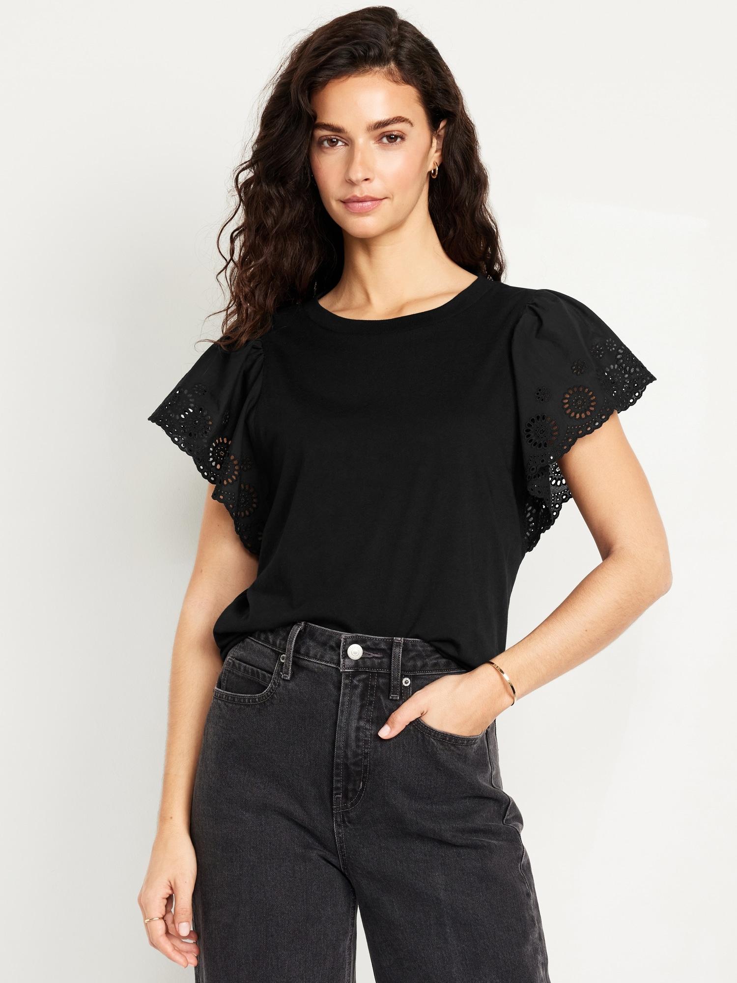 cutwork-sleeve mixed fabric top