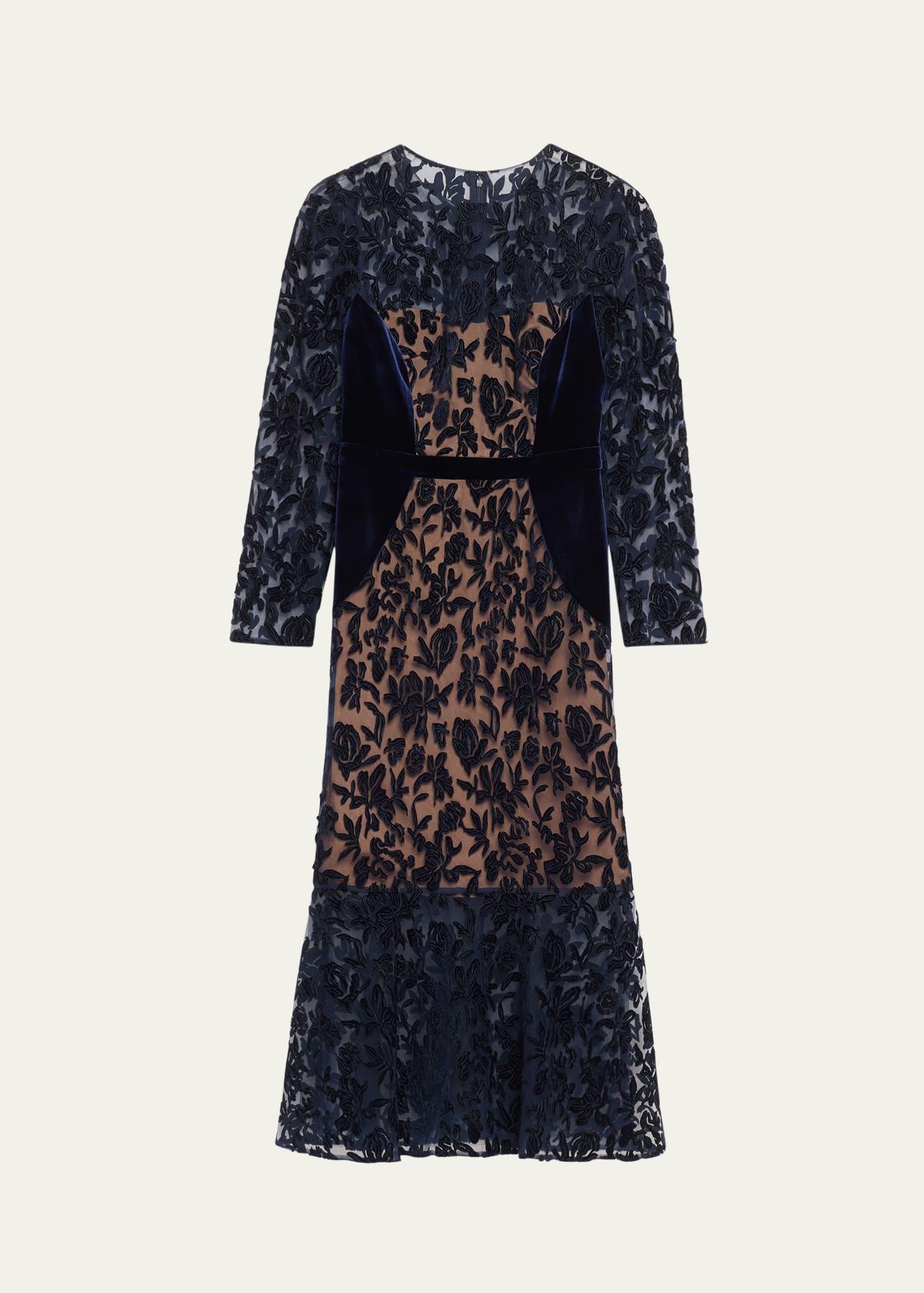 cutwork velvet & tulle midi dress