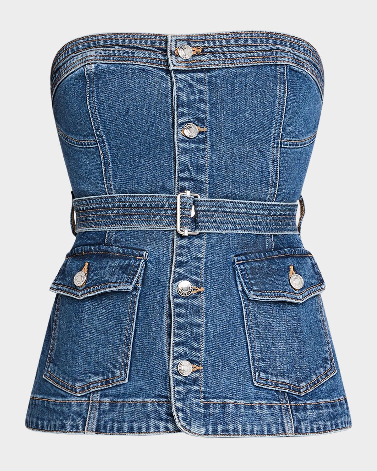 cyan belted denim bustier top