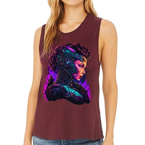 cyborg graphic print women's muscle tank - art tank top - bright workout tank - maroon, l