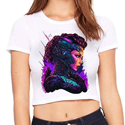 cyborg graphic women's cropped t-shirt - art crop top - bright cropped tee - white, m/l