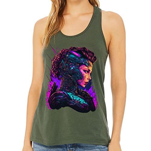 cyborg graphic women's racerback tank - art tank top - bright workout tank - military green, 2xl