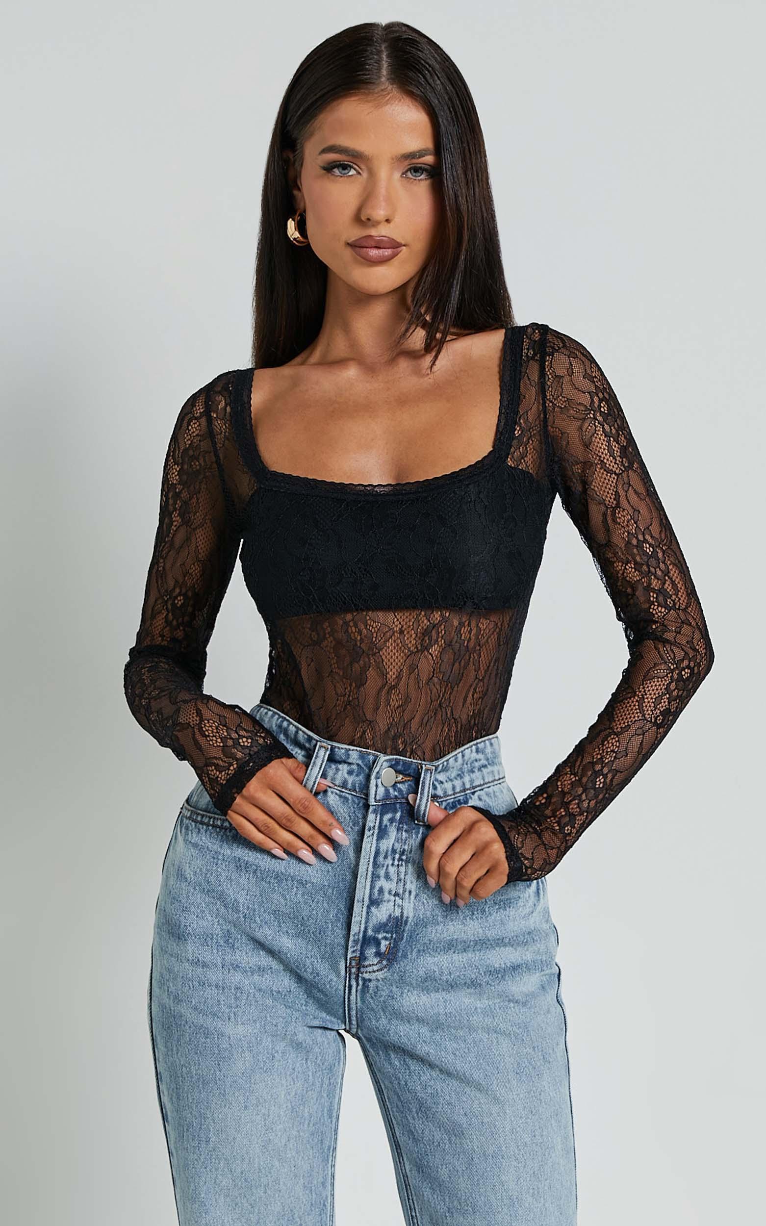 cynthia bodysuit - long sleeve lace bodysuit in black
