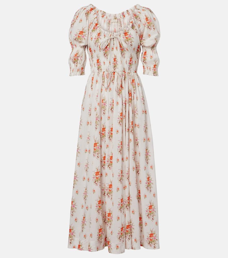 dôen ischia gathered floral cotton midi dress