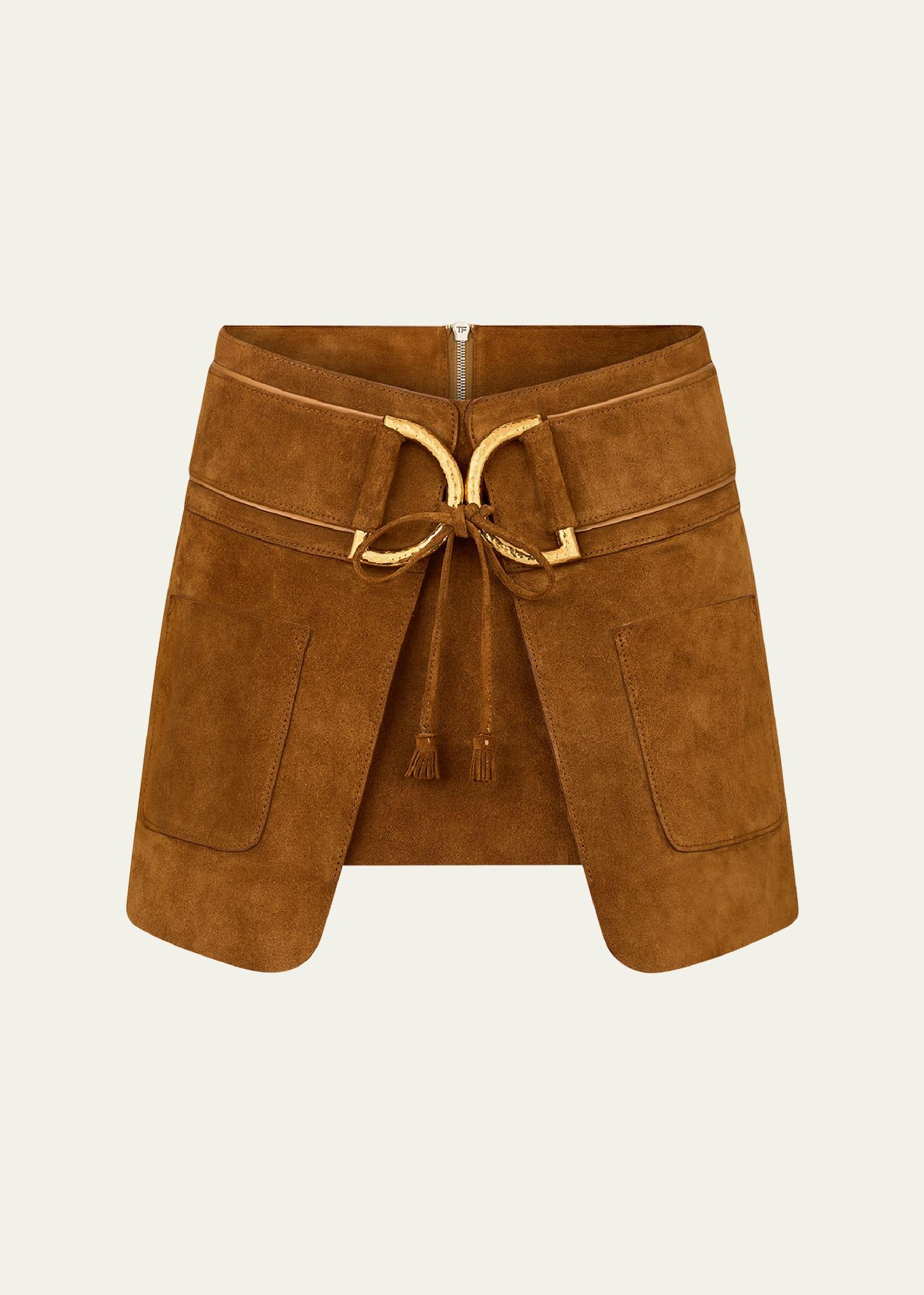 d-ring inverted pleat mini suede skirt