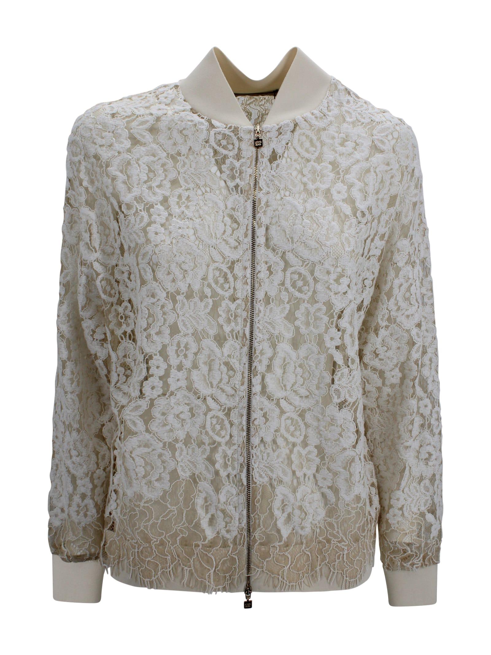 d. exterior all-over lace bomber jacket