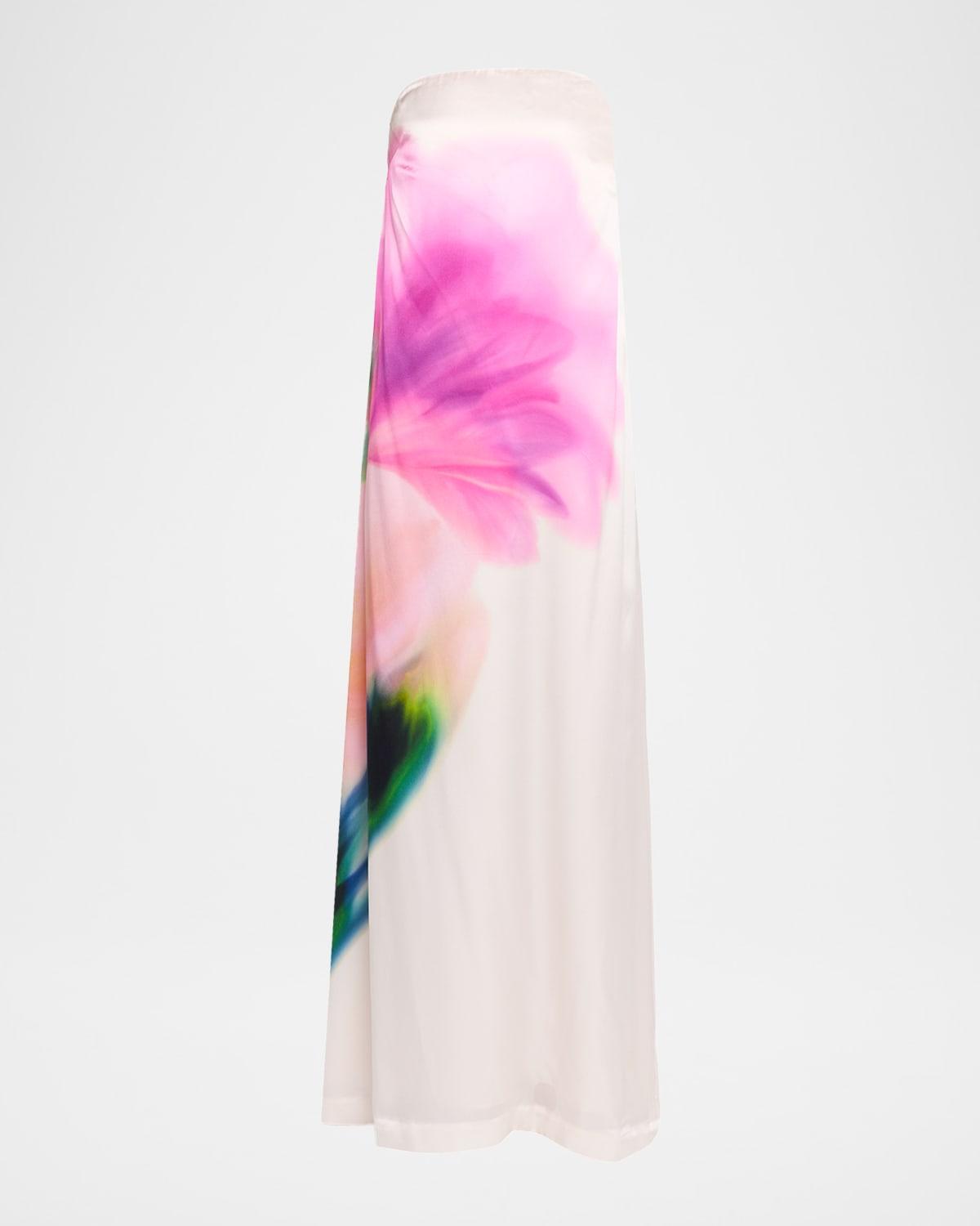 dahlia blossom strapless silk maxi dress