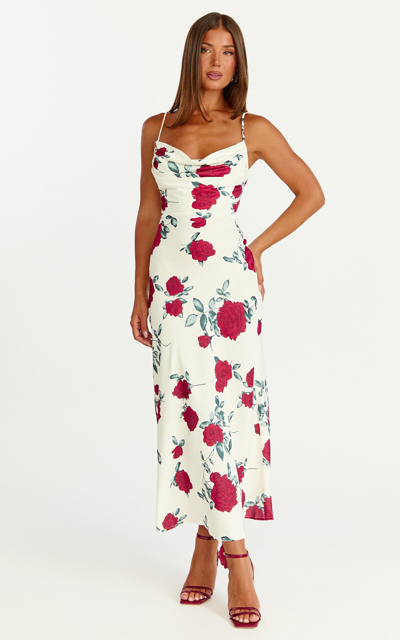 dahlia midi dress - cowl neck a line dress in scarlet rose print
