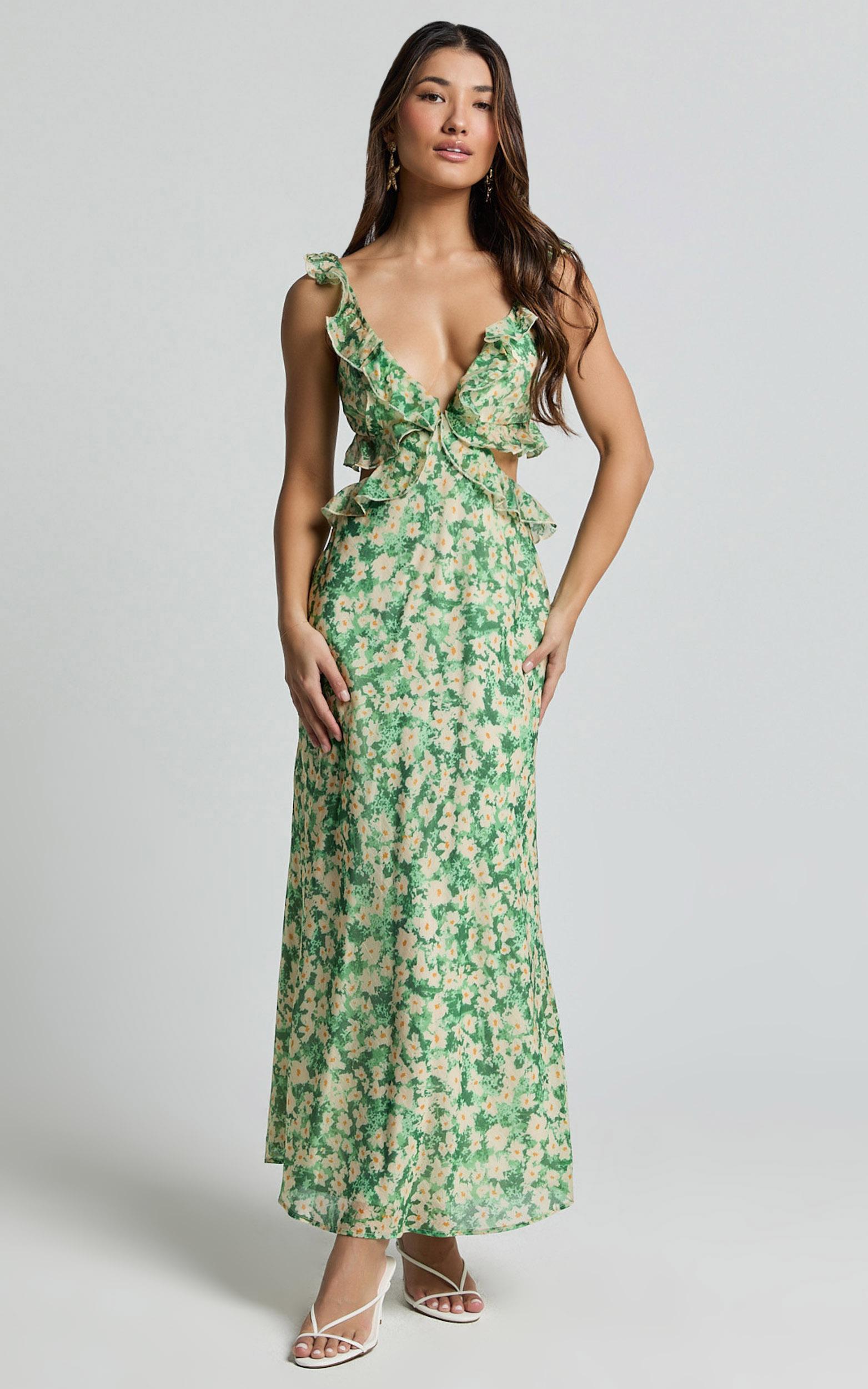 dahlia midi dress - ruffle details slip dress in green floral