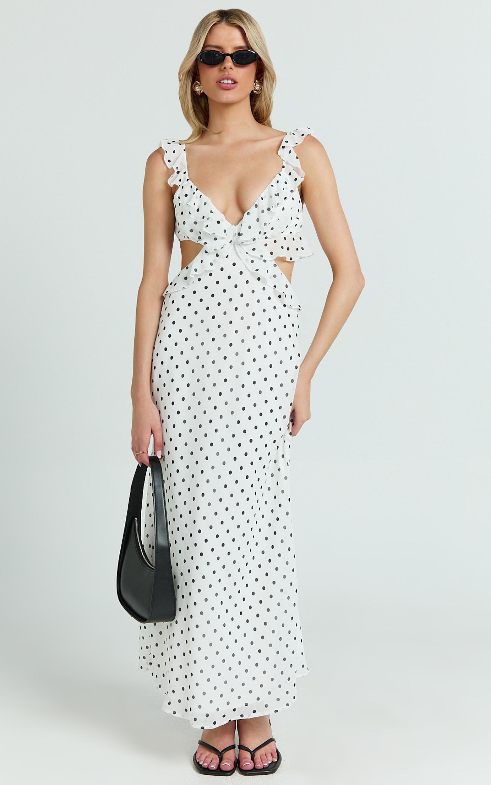 dahlia midi dress - ruffle details slip dress in white based polkadot