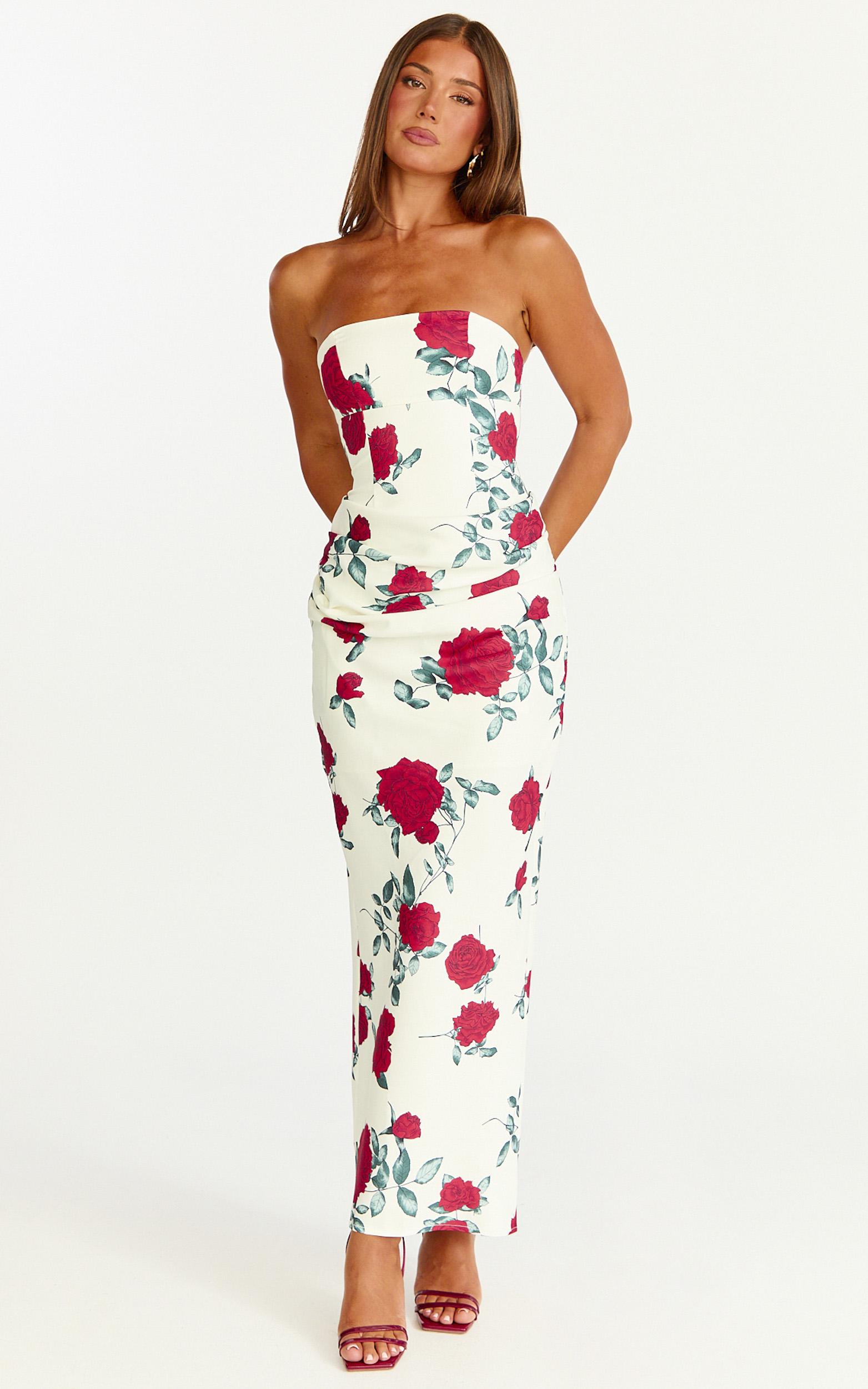 dahlia midi dress - strapless draped cowl waist fitted dress in scarlet rose print