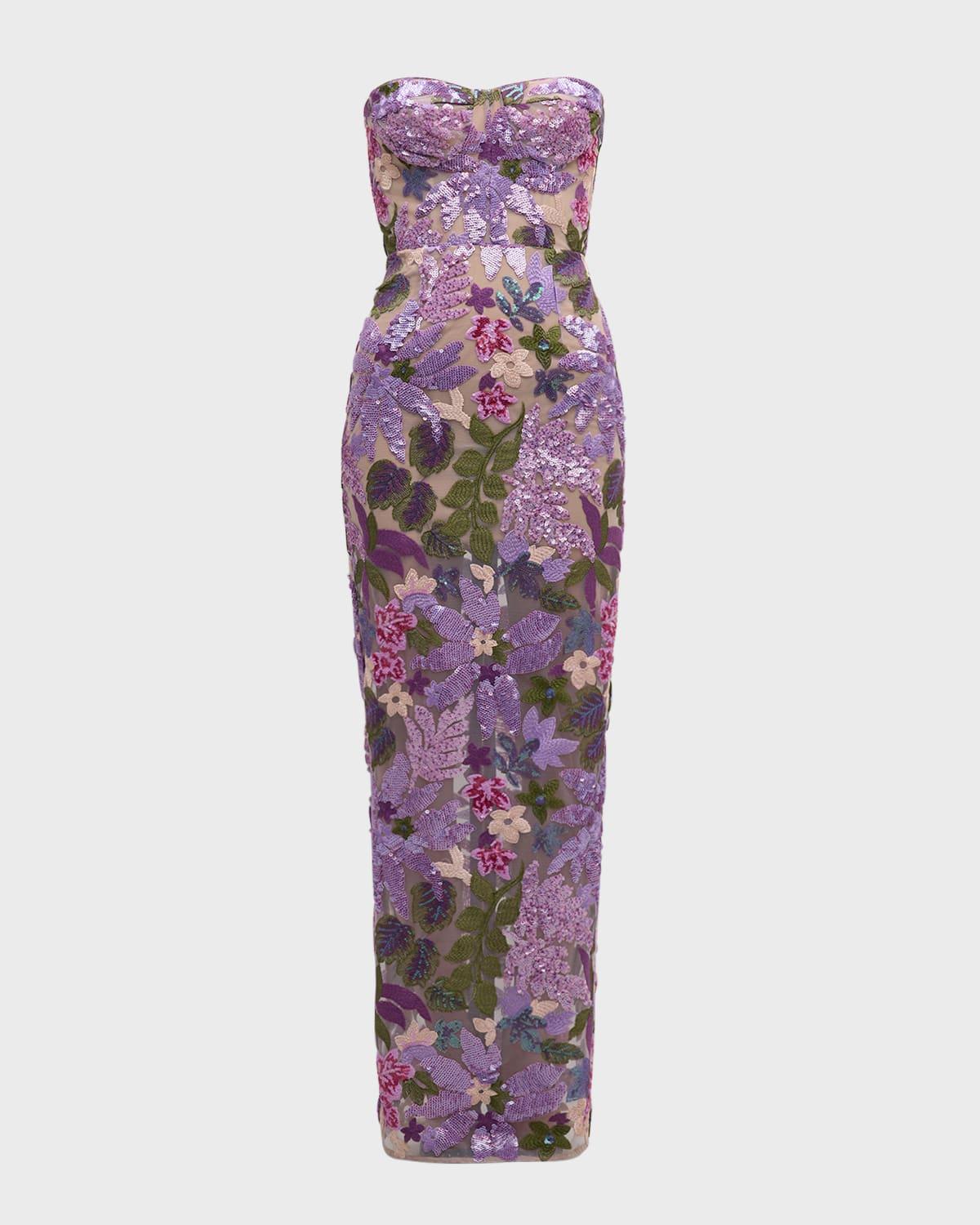 dahlia strapless floral-embroidered sequin gown