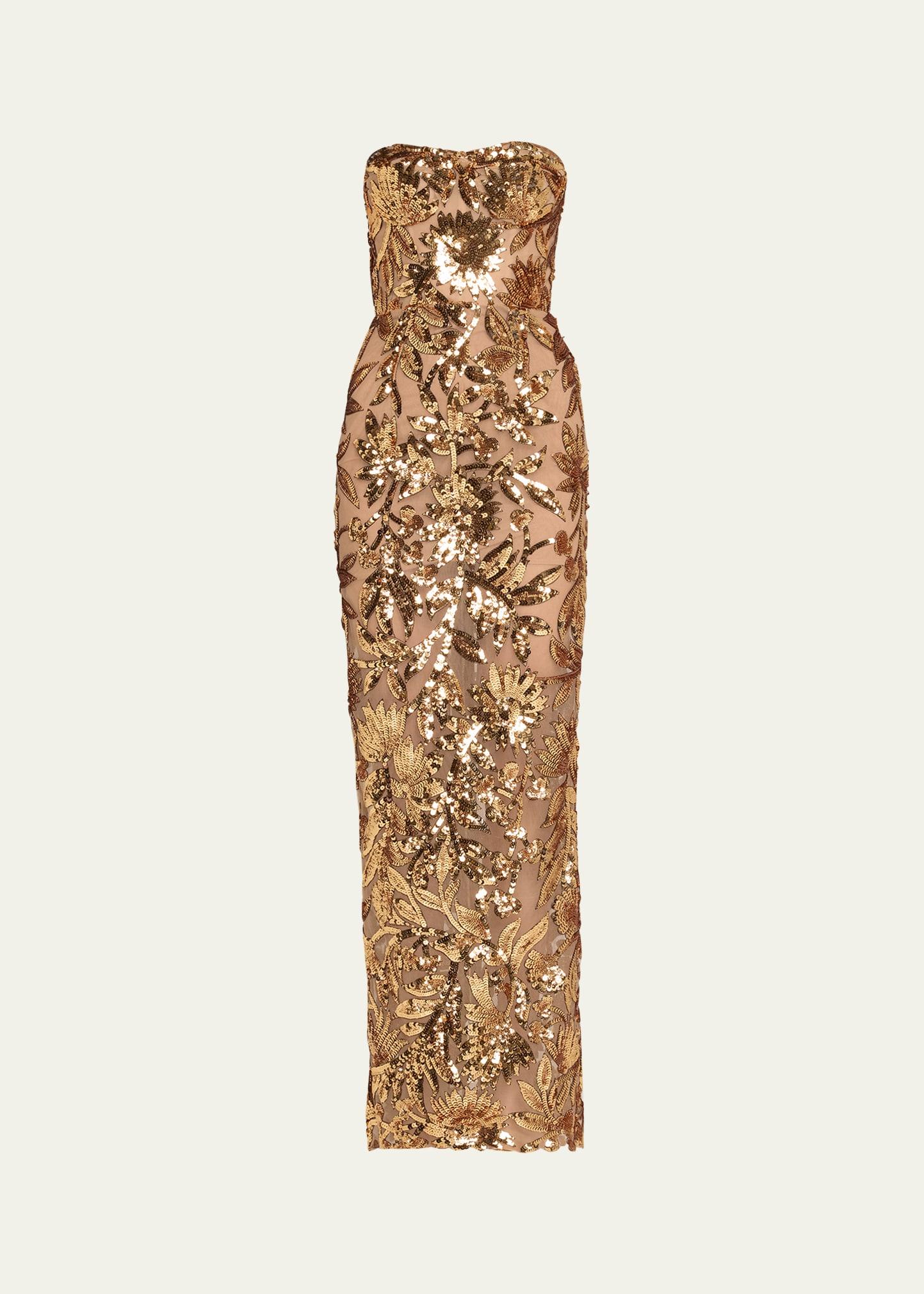 dahlia strapless floral sequin column gown