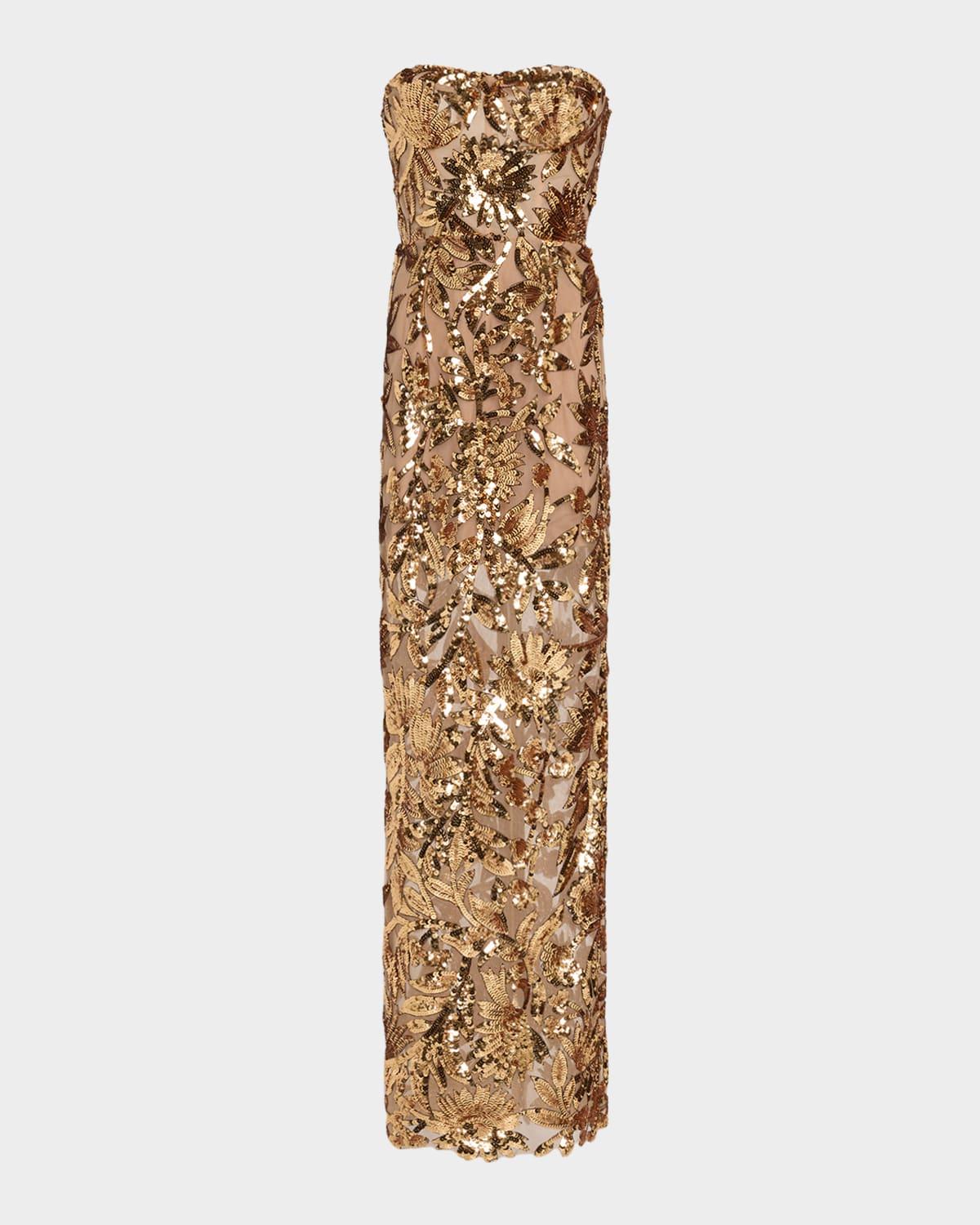 dahlia strapless floral sequin column gown