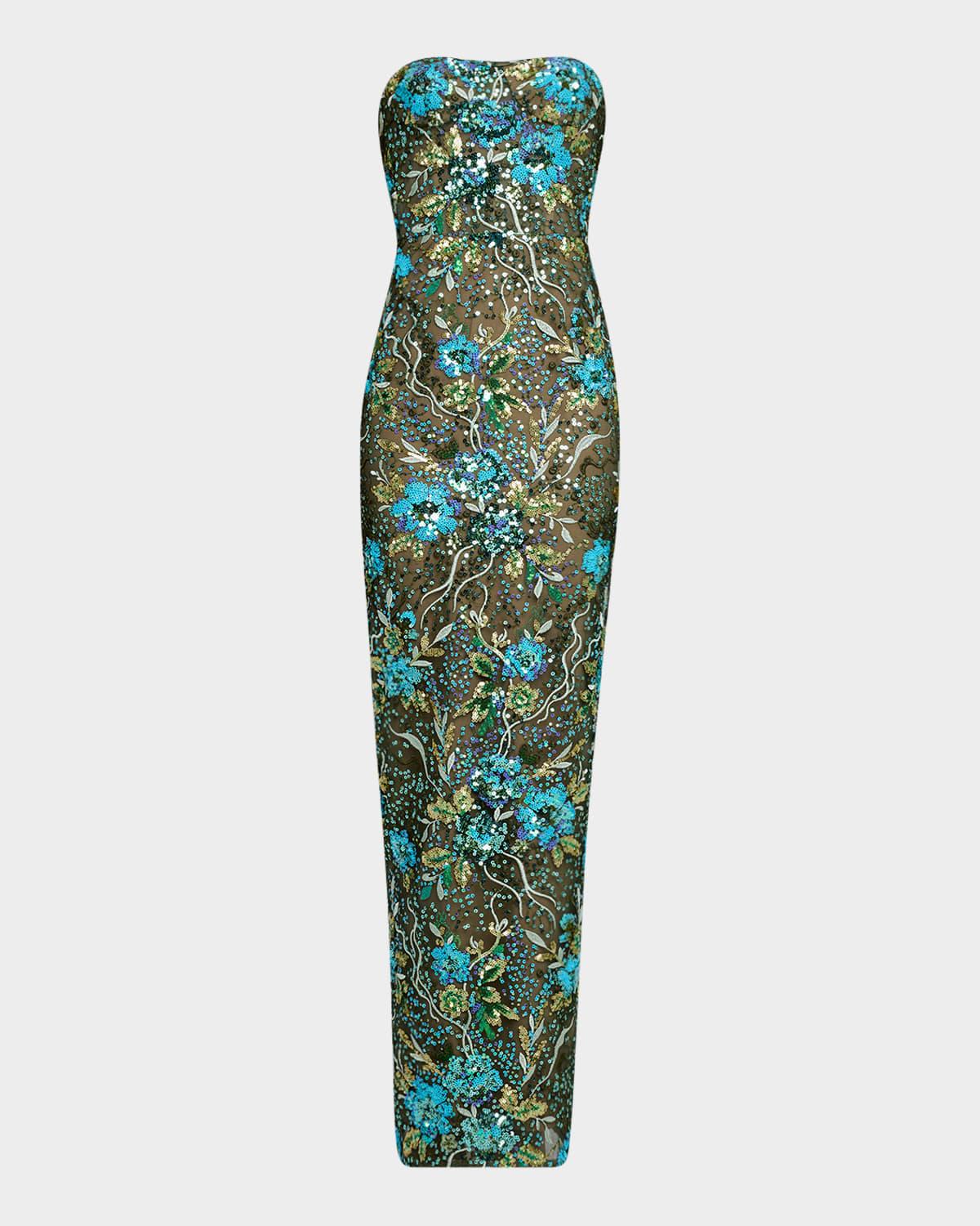 dahlia strapless floral sequin column gown