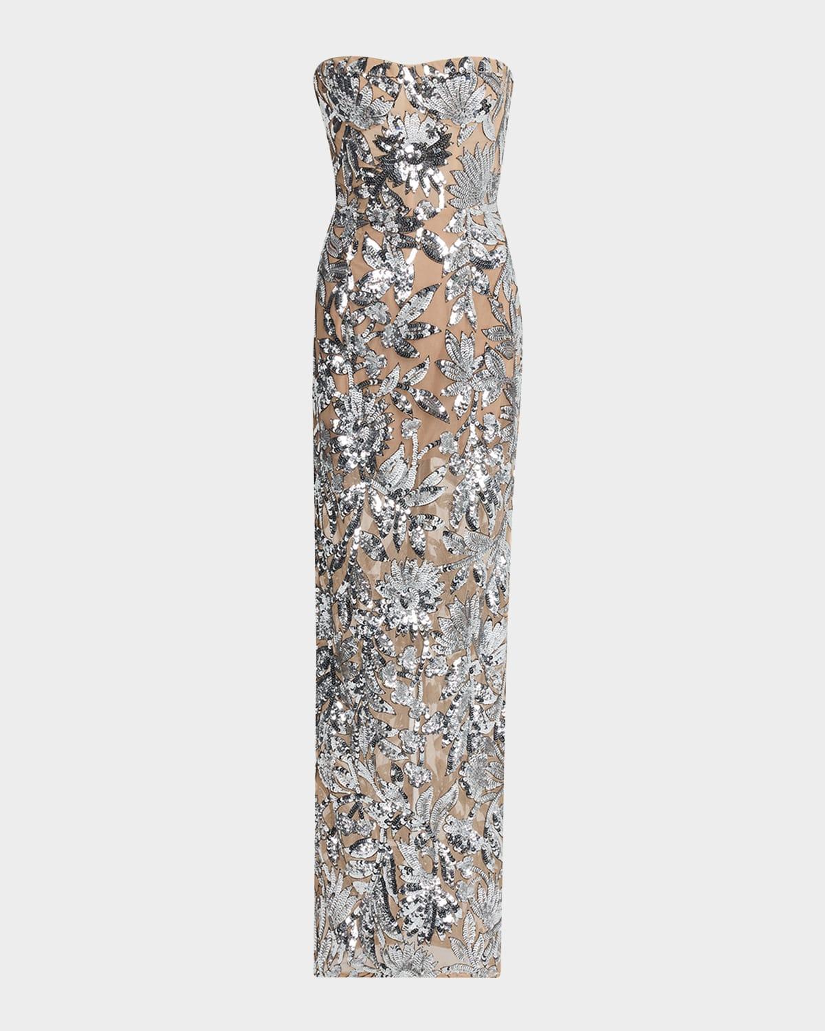 dahlia strapless floral sequin column gown