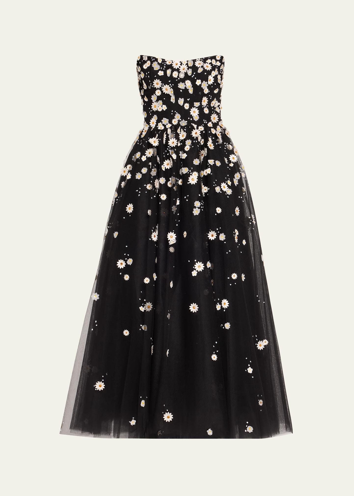daisy embroidered strapless tulle cocktail dress
