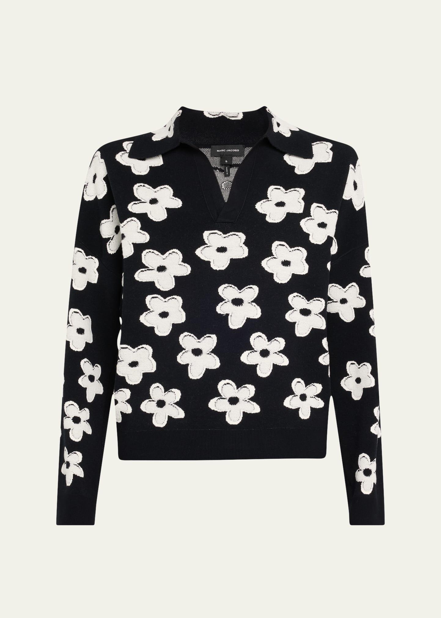 daisy jacquard long-sleeve polo top