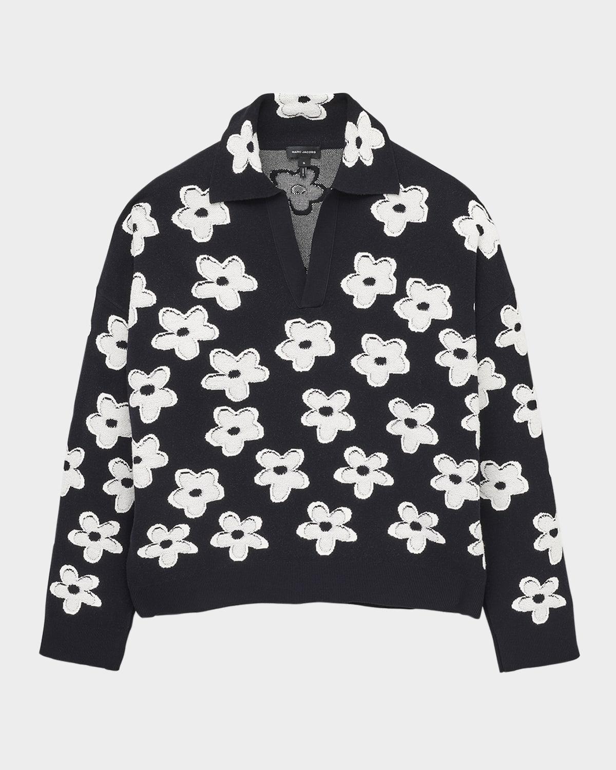 daisy jacquard long-sleeve polo top