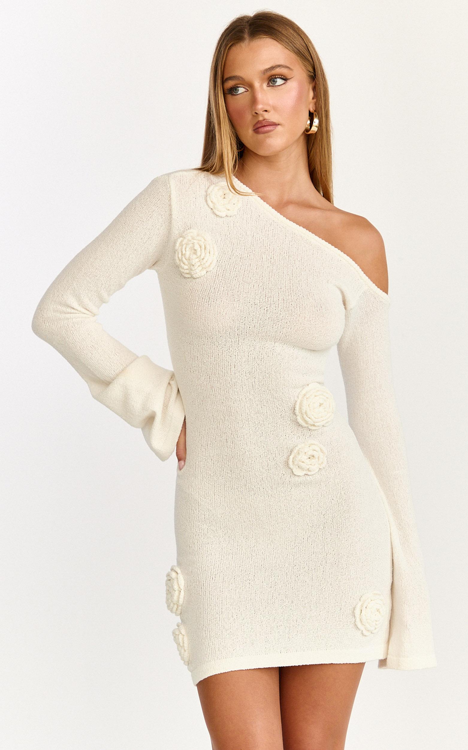 daisy mini dress - tipped shoulder 3d floral knit dress in cream