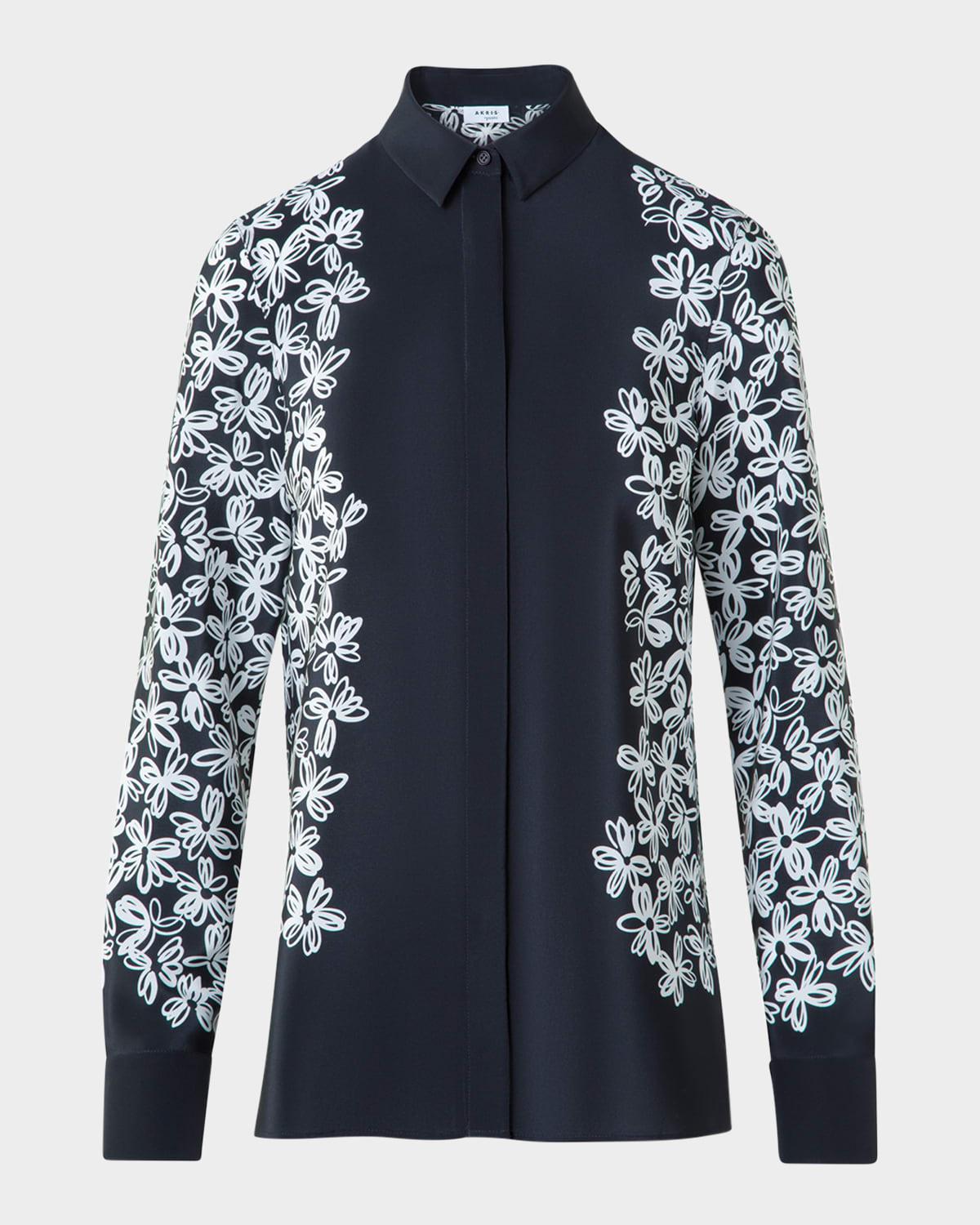 daisy print button down silk blouse