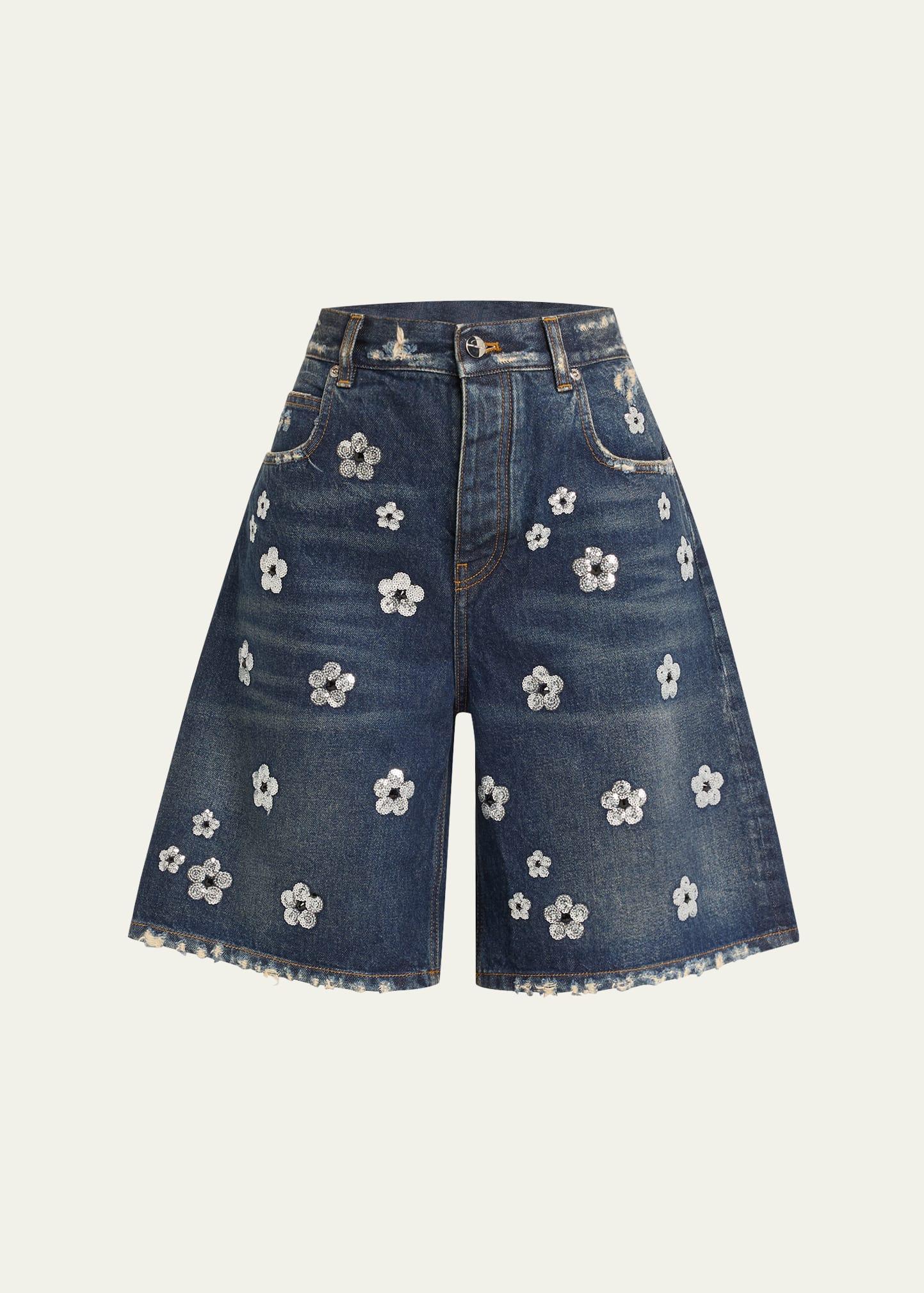 daisy sequined wide-leg denim bermuda shorts