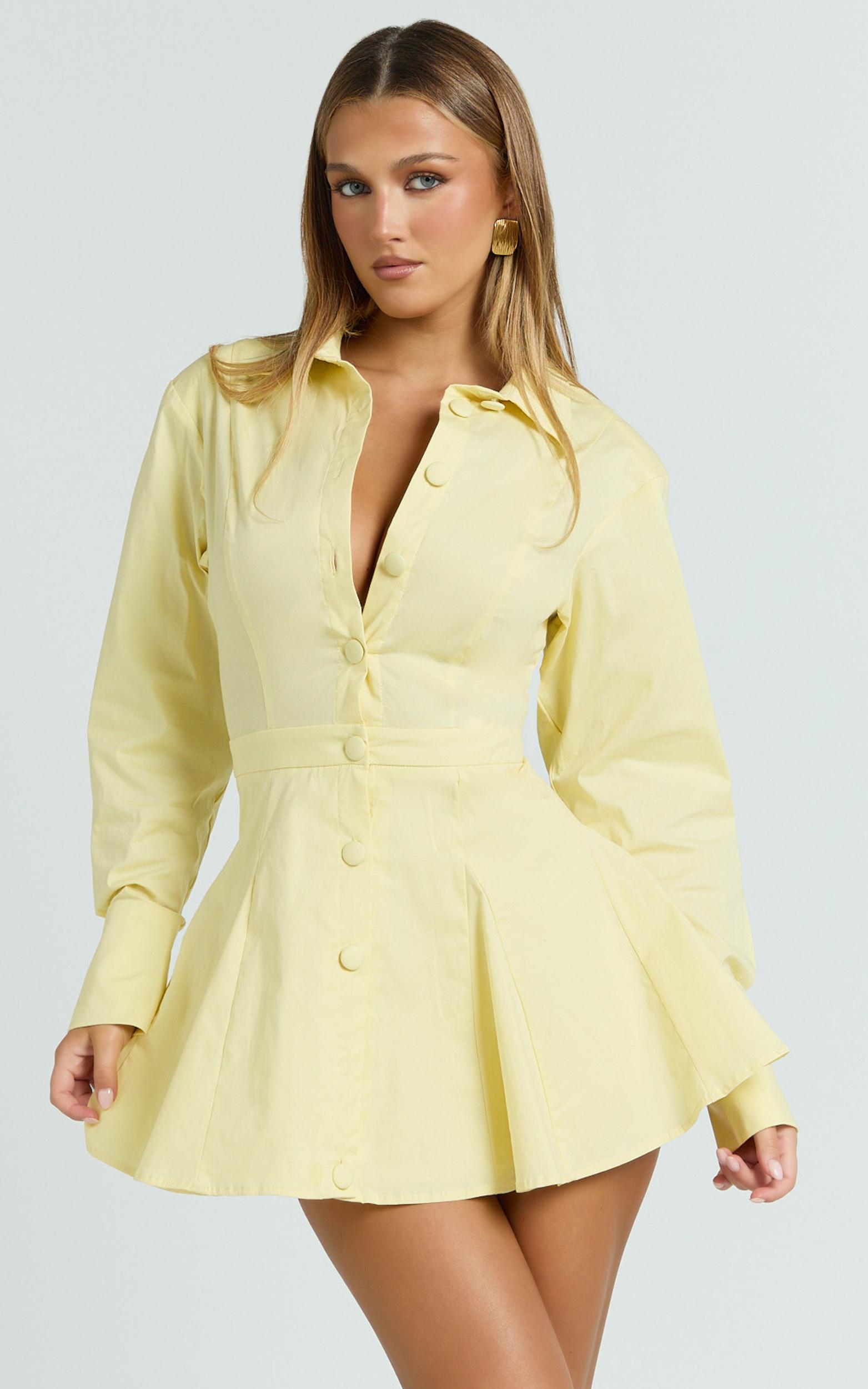 dale mini dress - power shoulder collared button down fit and flare dress in lemon