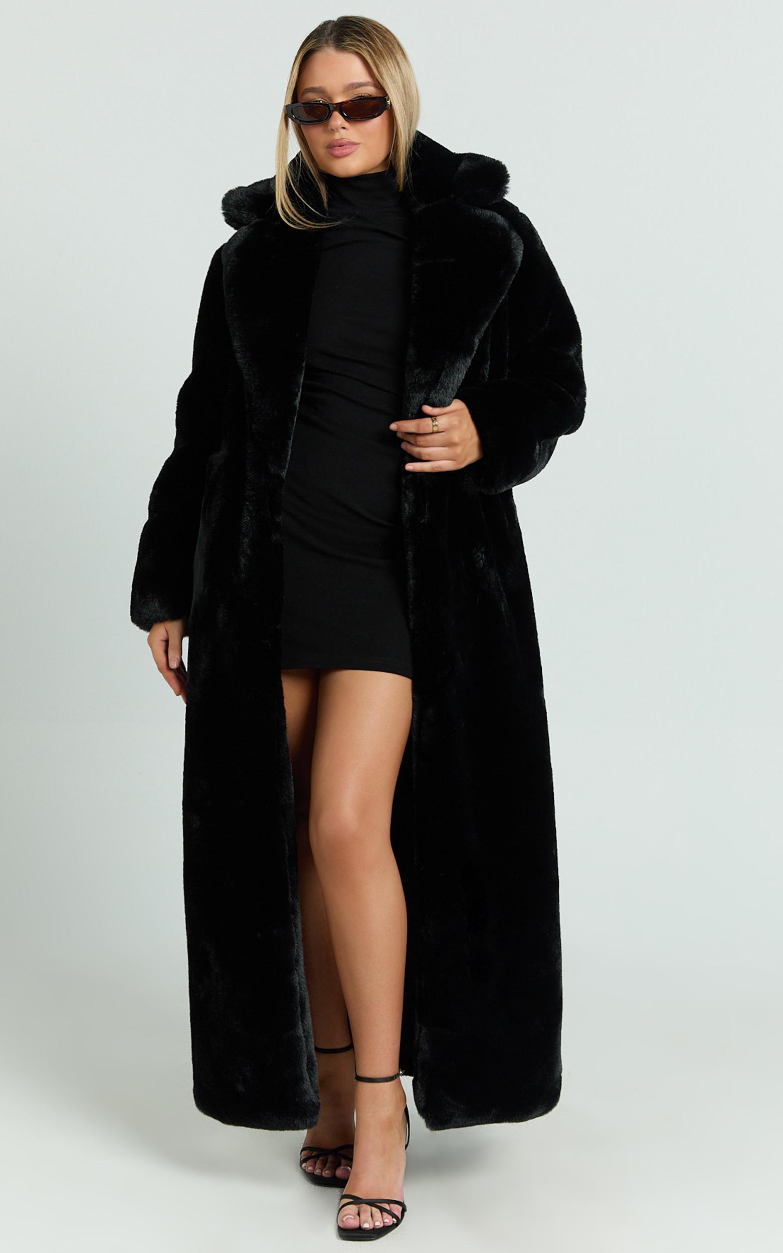 dana coat - longline faux fur coat in black