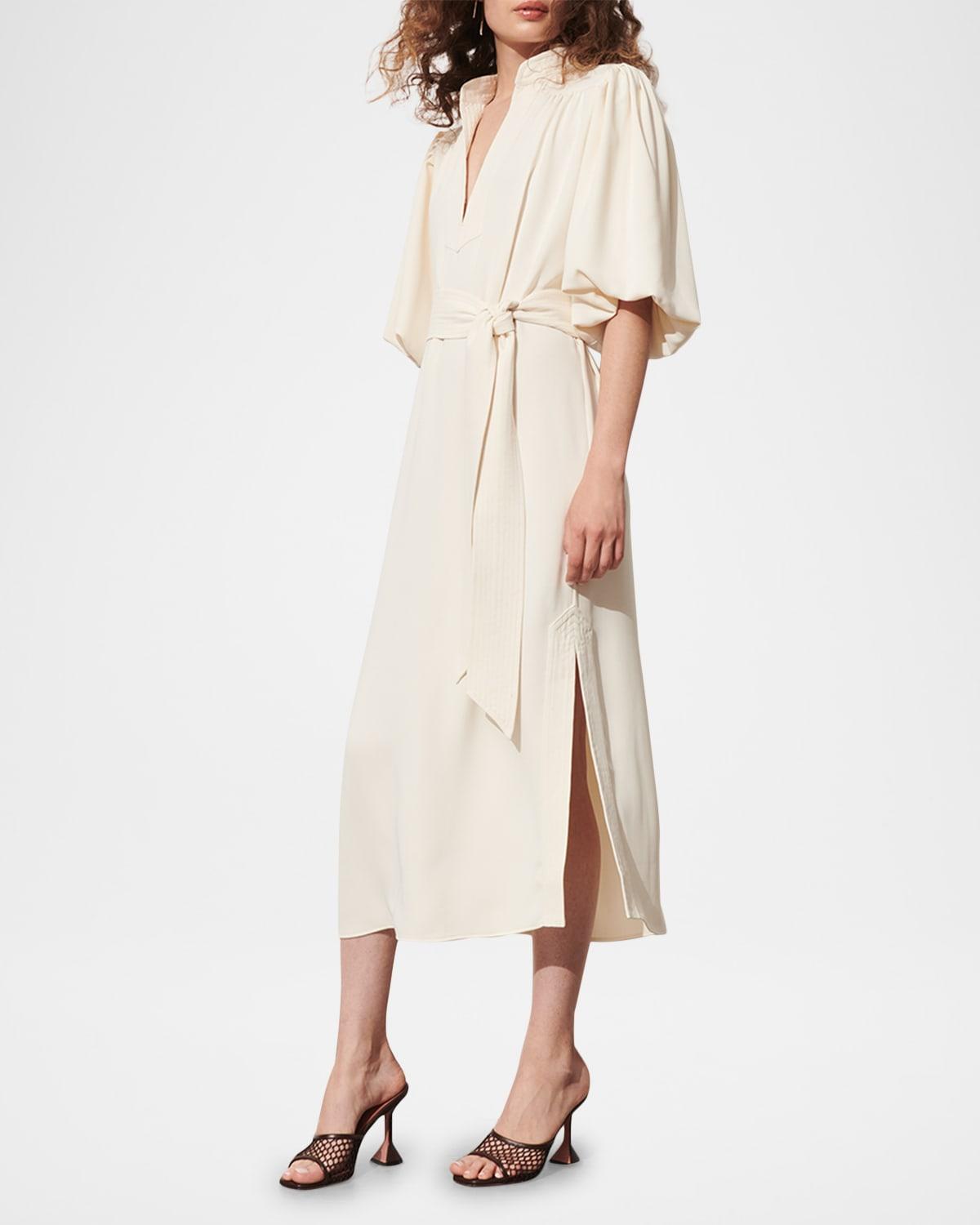 dani belted puff-sleeve midi shirtdress